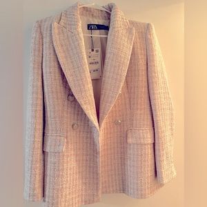 Zara blazer pink and white tweed textured Medium M New With Tag